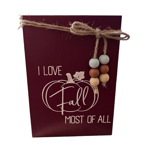 Harvest 'I Love Fall Most of All' Wood Book Decor Purple pumpkin jute beads NWT - Picture 4 of 7